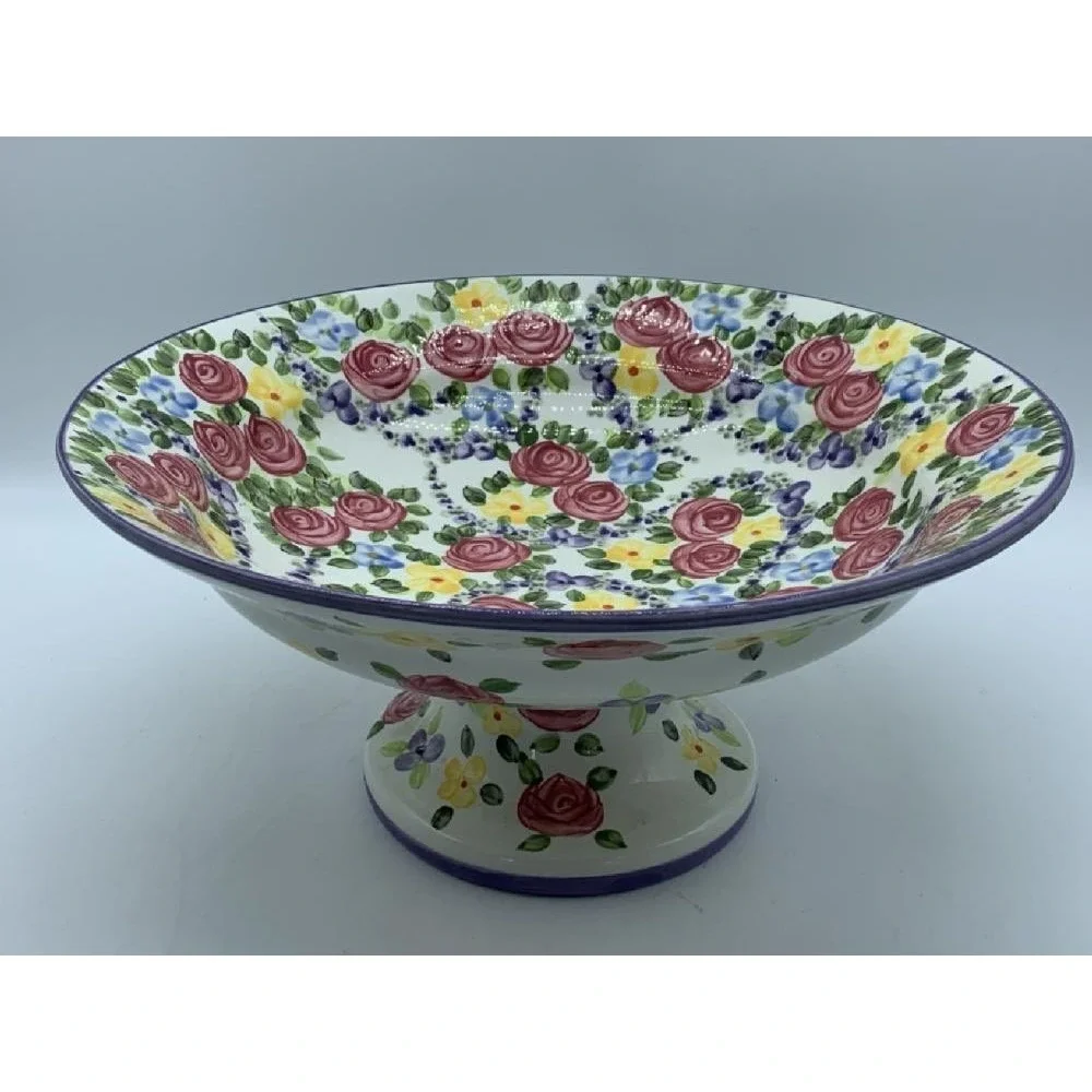 Don Swanson TableTops Unlimited Hand Painted‎ Chintz Pedestal Fruit Bowl Vintsge